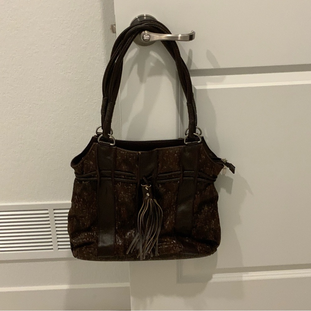Brown Croc-Embossed Leather Shoulder Bag with Tassel